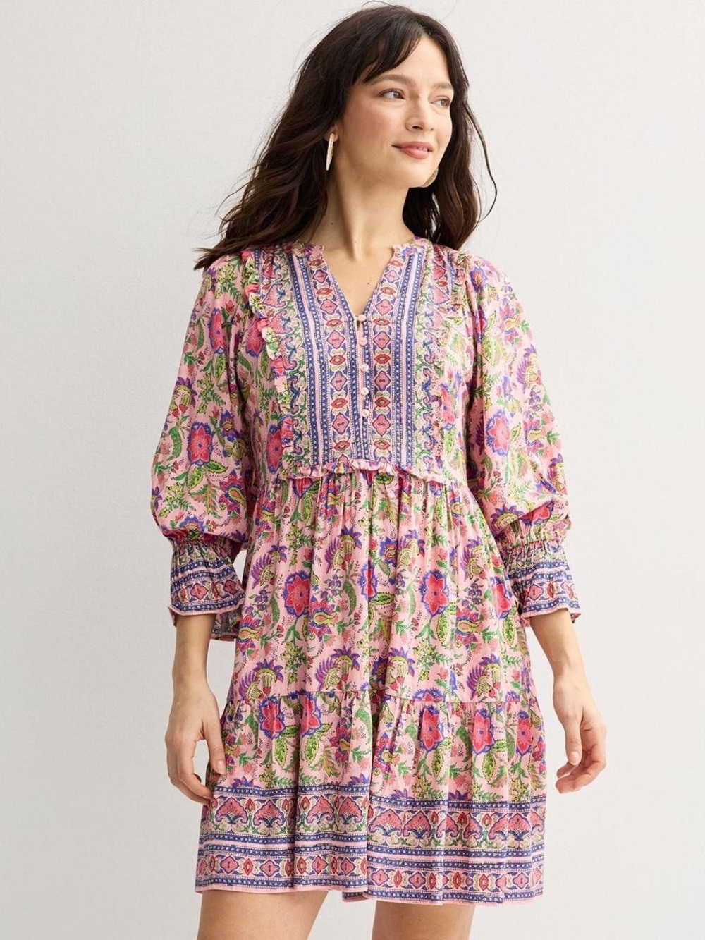 Floral Pink V-Neck Tiered Mini Dress with Puff Sleeves